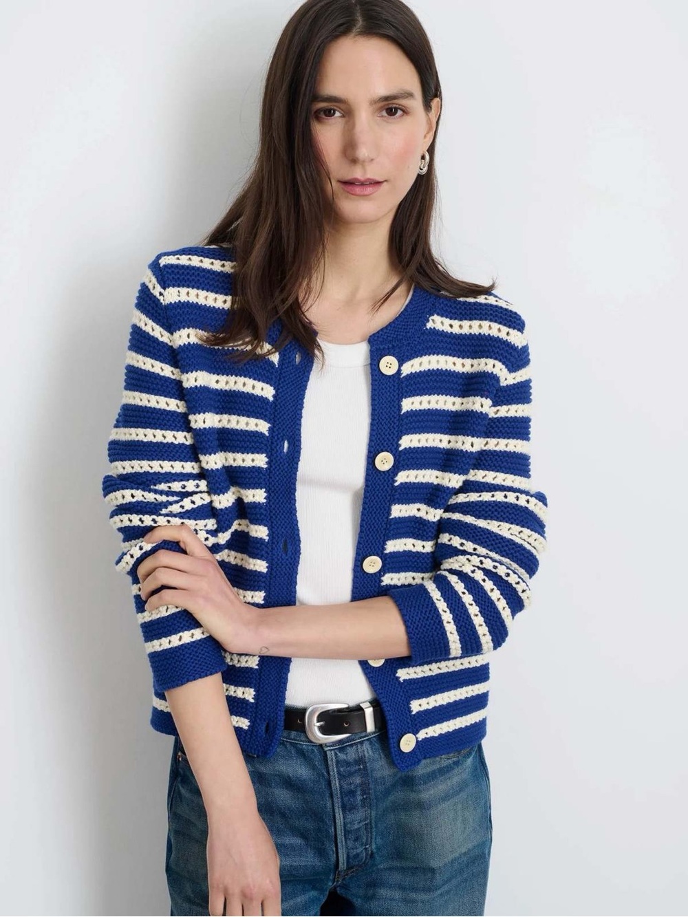Alex Mill Haley Knit Cardigan Sweater Blue White Stripe Cotton Open Knit Size XS